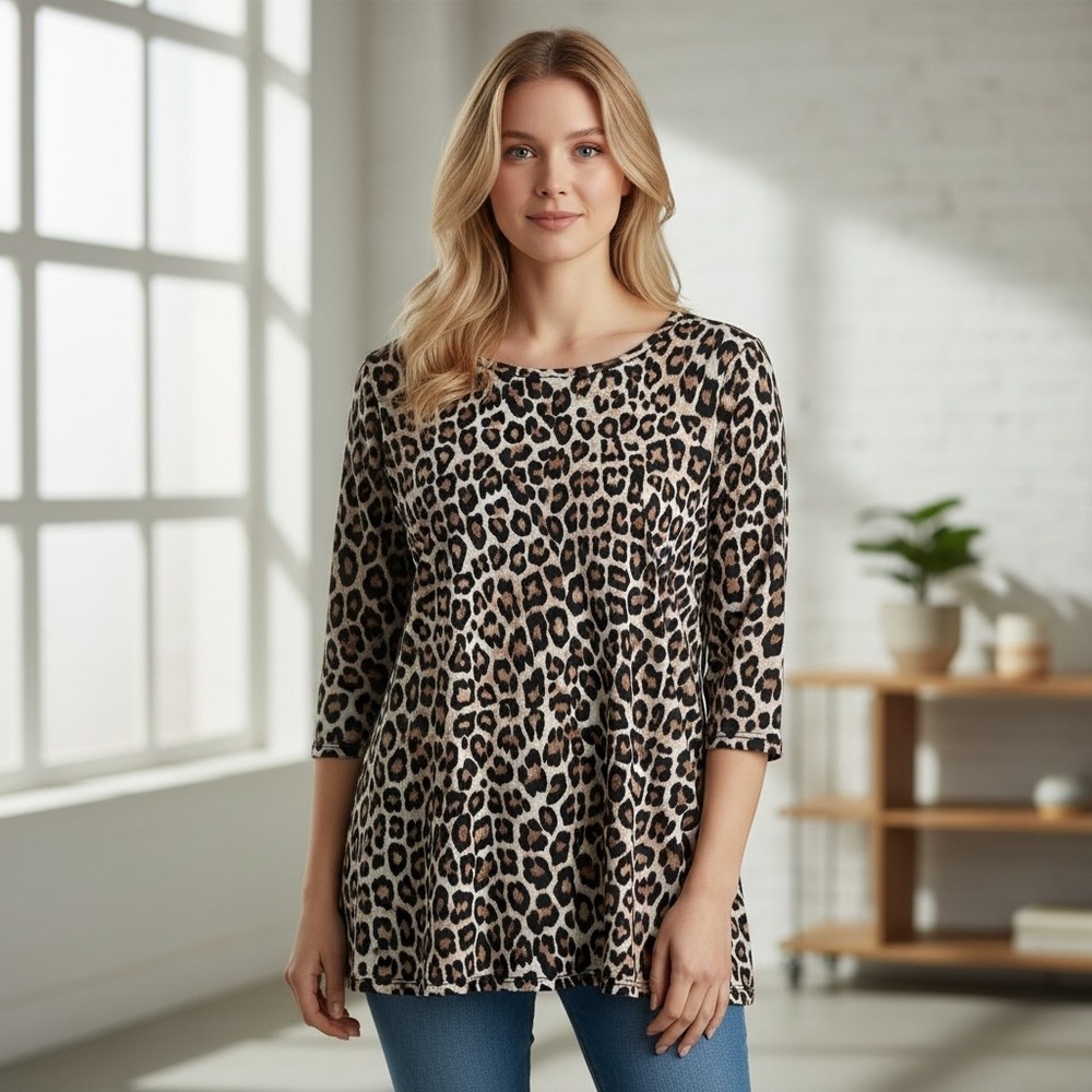Chicos Leopard Print 34 Sleeve A Line Dress Womens Size 1